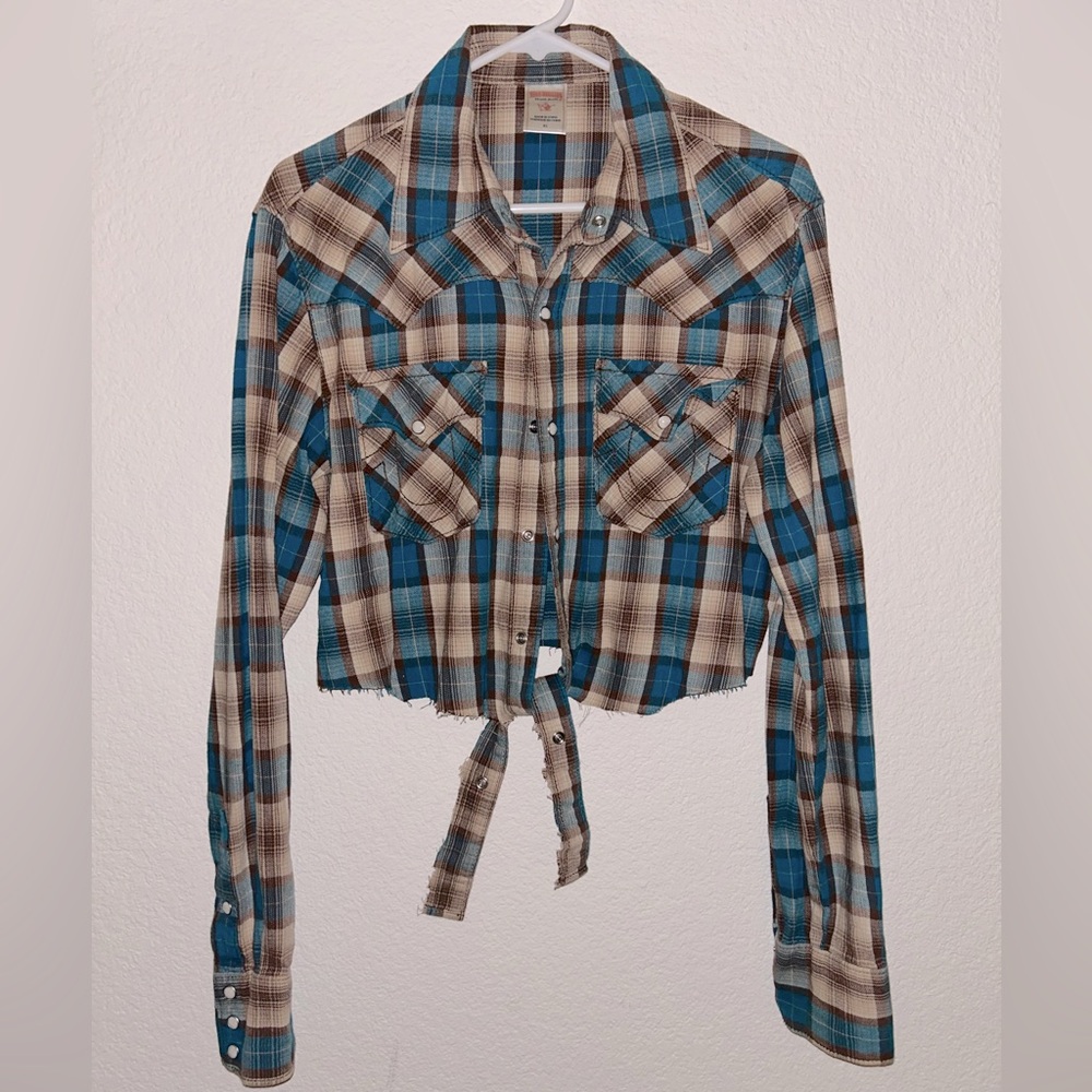True Religion Mens Plaid Button Down, US XL, Turquoise/Brown